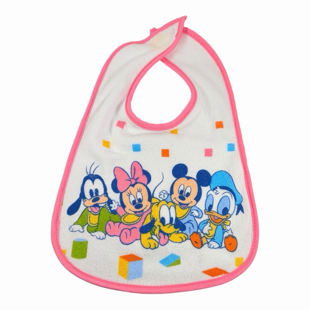 Vintage Classic Disney Mickey, Minnie, Donald, Goofy, Pluto Pink Baby Bib 90s